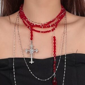 Gothic vintage Elegant Red and Silver cross Layered Necklace